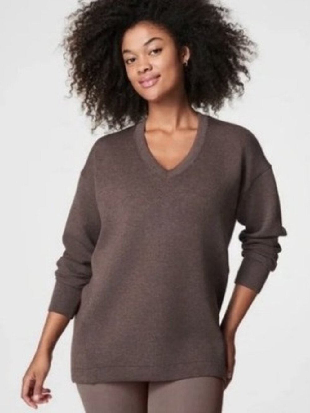 SPANX AirEssentials Brushed V-Neck Tunic Sweatshirt Top In Heathered Brown-M